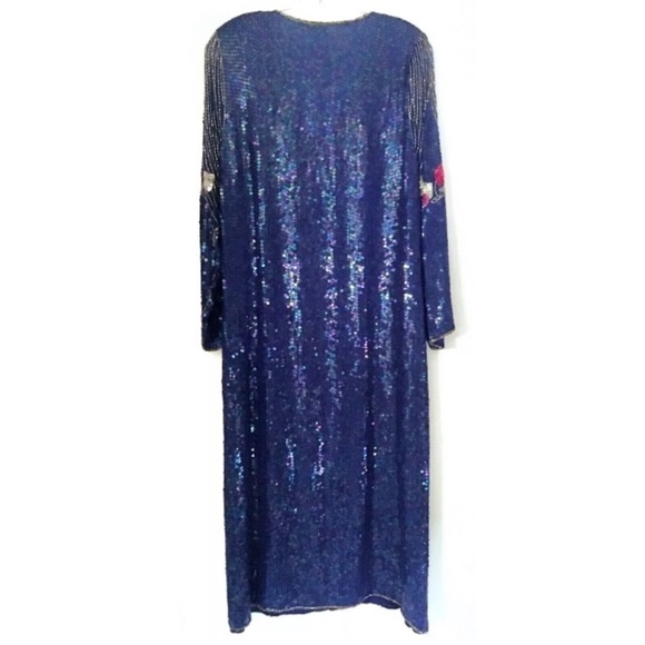 Vintage Royal Blue Sequin Beaded Dress Lined Shoulder Pads Mesh Pink Gold Gatsby - Picture 2 of 13